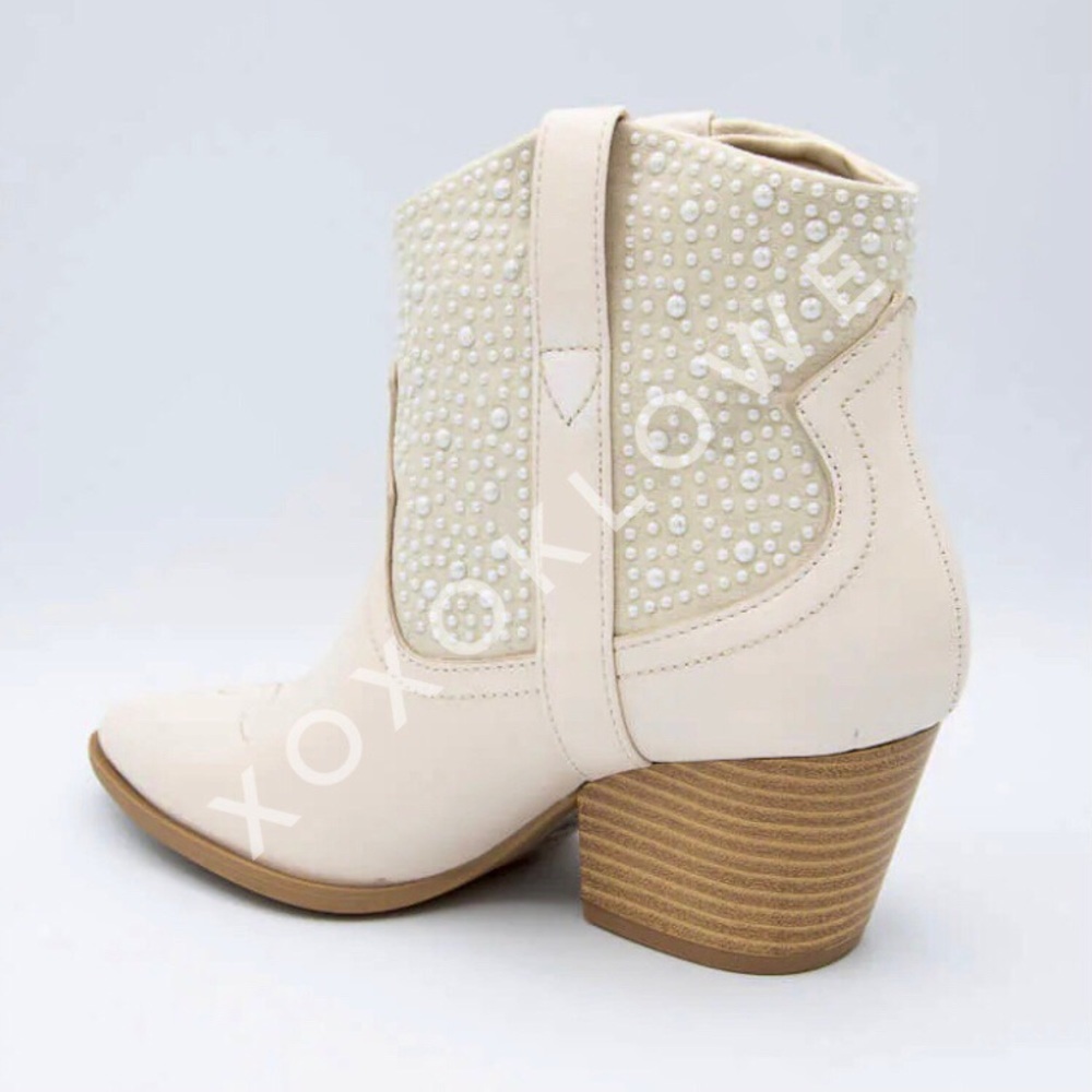 Qupid Cream Pearl Cowboy Boots | Western Glam Ankle Boot | Faux Leather - Picture 6 of 14